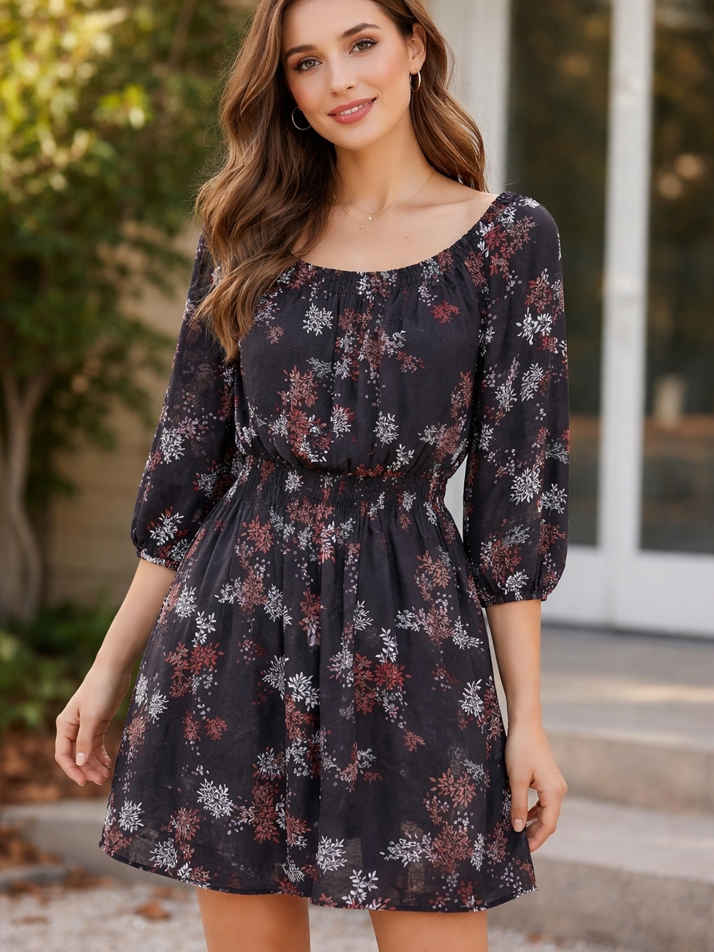 Black Floral Scoop-Neck Mini Dress with Elastic Waist